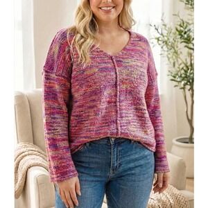 Womens Pink Purple Gold Boho V Neck Oversized Sweater 2X Cozy‎ Bell Sleeve NWT